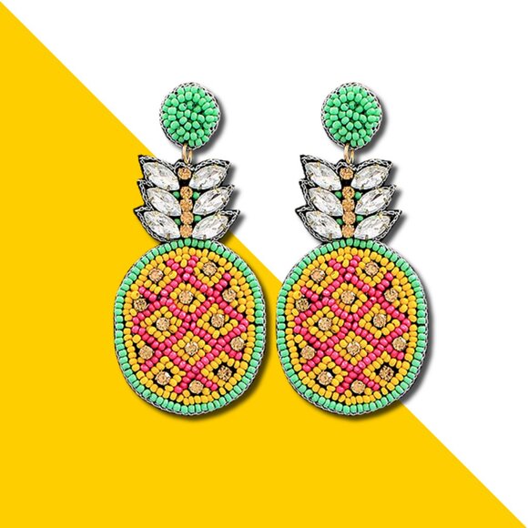 Boho Grow Studio Jewelry - Pineapple Fruit Theme Seed Beaded Pink Yellow Summer Vibe Seed Bead Earrings NEW